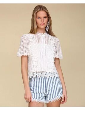 NWT Avec Les Filles White Crochet Lace Puff Sleeve Top M
